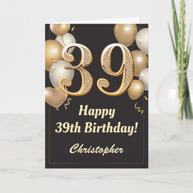 39th Birthday Black and Gold Balloons Confetti Card (Front)