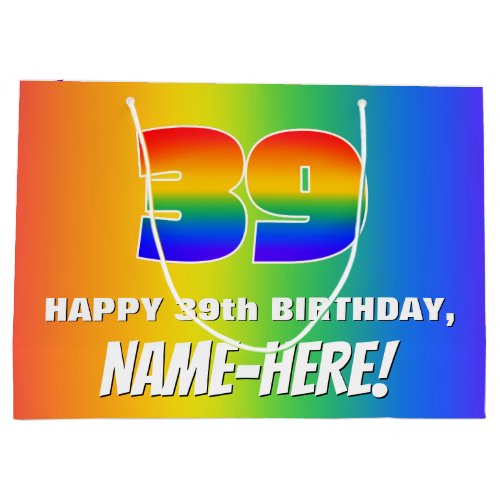 39th Birthday Colorful Fun Rainbow Pattern  39 Large Gift Bag