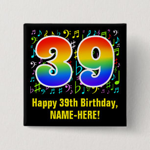 39th Birthday: Colorful Music Symbols, Rainbow 39 Button