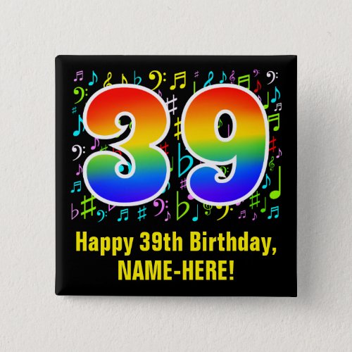 39th Birthday Colorful Music Symbols Rainbow 39 Button