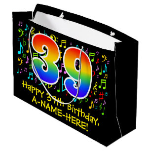 39th Birthday - Colorful Music Symbols, Rainbow 39 Large Gift Bag