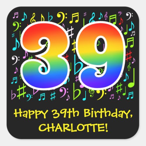 39th Birthday Colorful Music Symbols Rainbow 39 Square Sticker