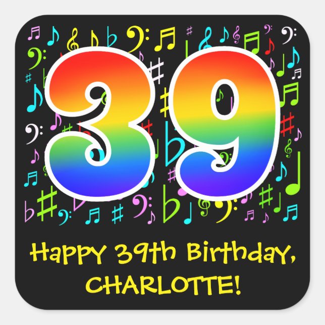 39th Birthday: Colorful Music Symbols, Rainbow 39 Square Sticker (Front)