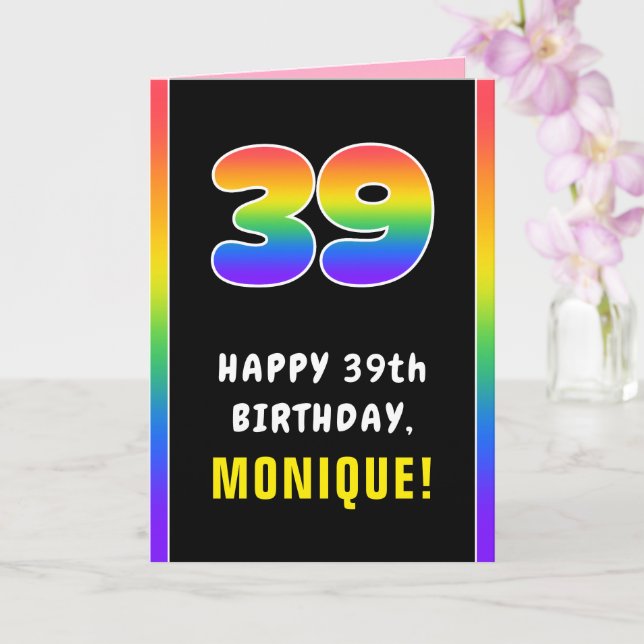 39th Birthday: Colorful Rainbow # 39, Custom Name Card (Orchid)