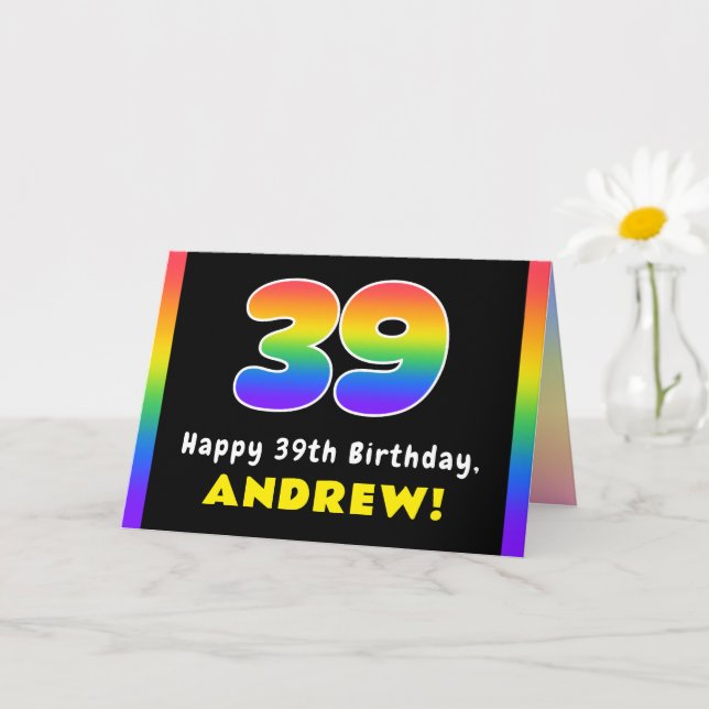 39th Birthday: Colorful Rainbow # 39, Custom Name Card (Small Plant)