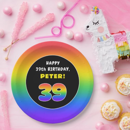 39th Birthday Colorful Rainbow  39 Custom Name Paper Plates