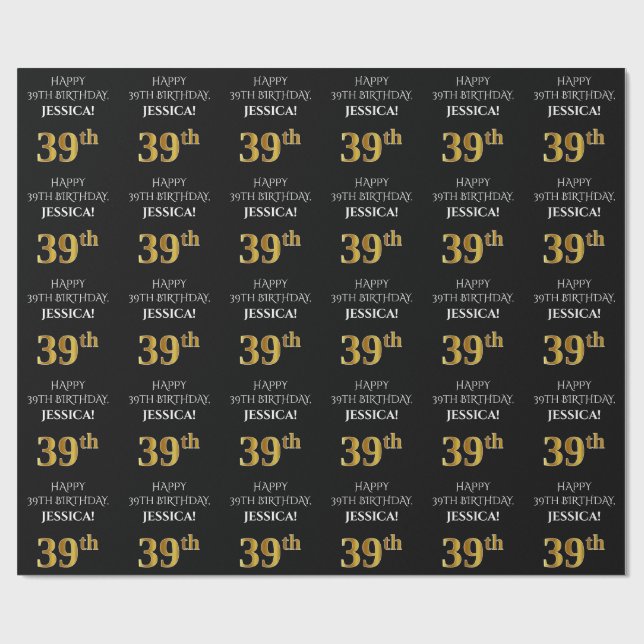 39th Birthday: Elegant, Black, Faux Gold Look Wrapping Paper (Flat)
