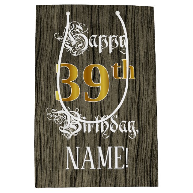 39th Birthday: Faux Gold Look & Faux Wood Pattern Medium Gift Bag (Front)