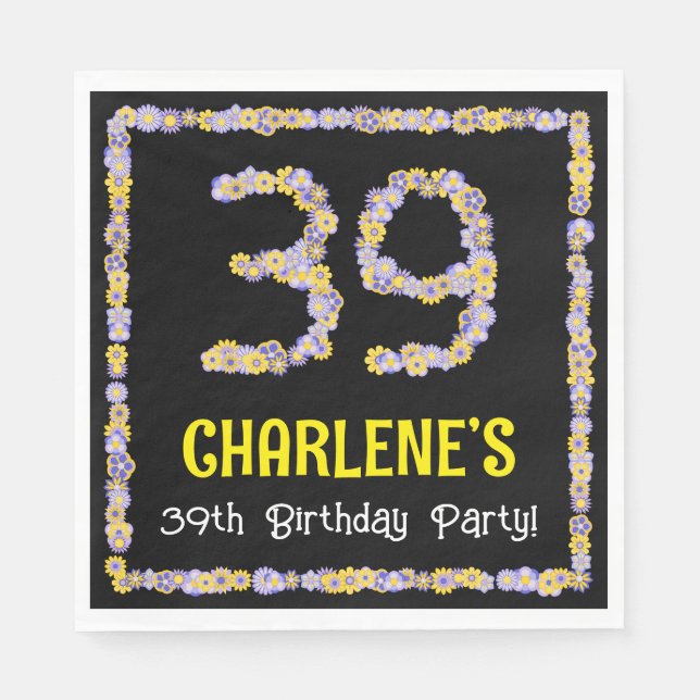 39th Birthday: Floral Flowers Number, Custom Name Napkins (Front)