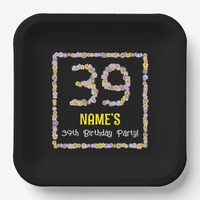 39th Birthday: Floral Flowers Number, Custom Name Paper Plates (Front)