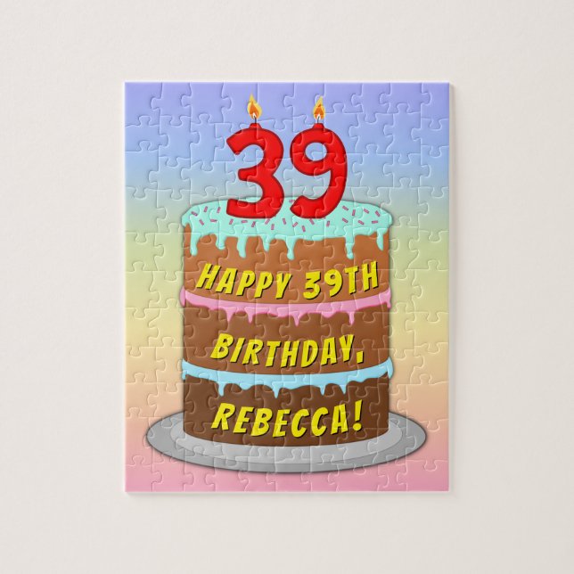 39th Birthday: Fun Cake and Candles + Custom Name Jigsaw Puzzle (Vertical)