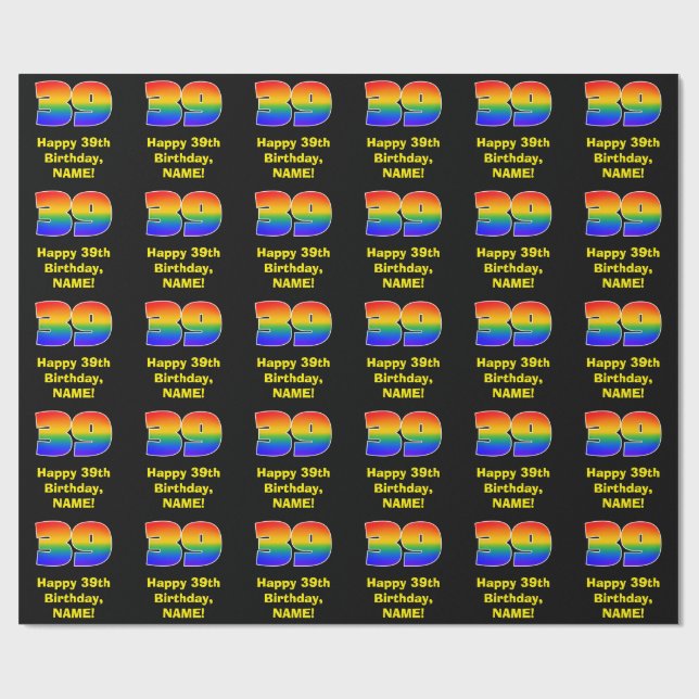 39th Birthday: Fun, Colorful Rainbow Inspired # 39 Wrapping Paper (Flat)