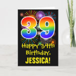 [ Thumbnail: 39th Birthday: Fun Fireworks Pattern + Rainbow 39 Card ]