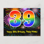 [ Thumbnail: 39th Birthday – Fun Fireworks Pattern + Rainbow 39 Postcard ]