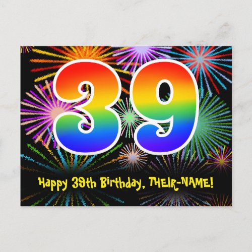 39th Birthday  Fun Fireworks Pattern  Rainbow 39 Postcard