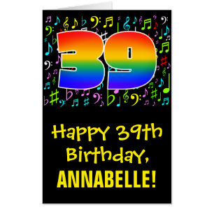 39th Birthday: Fun Music Symbols + Rainbow # 39 Card