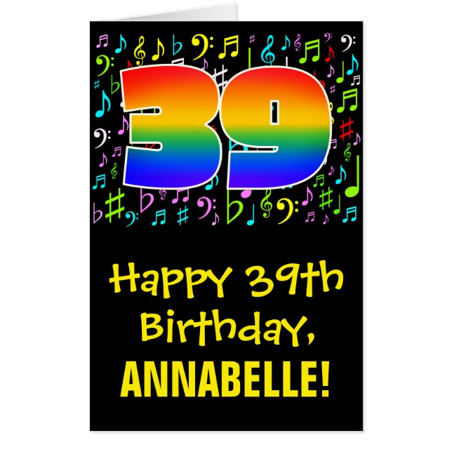 39th Birthday: Fun Music Symbols + Rainbow # 39 Card (Front)