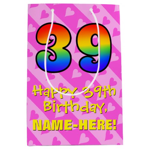 39th Birthday Fun Pink Hearts Stripes Rainbow 39 Medium Gift Bag