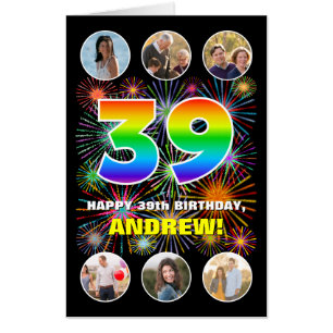 39th Birthday: Fun Rainbow #, Custom Name + Photos Card