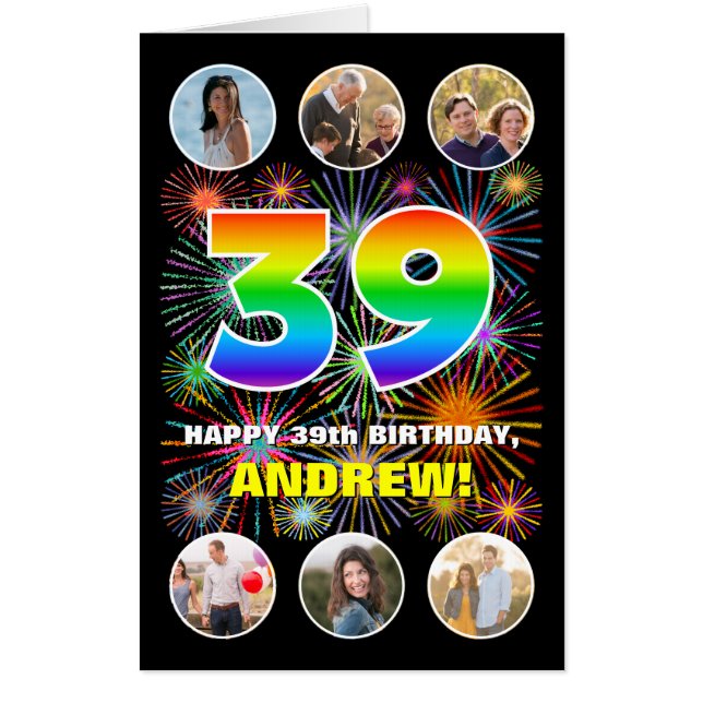 39th Birthday: Fun Rainbow #, Custom Name + Photos Card (Front)