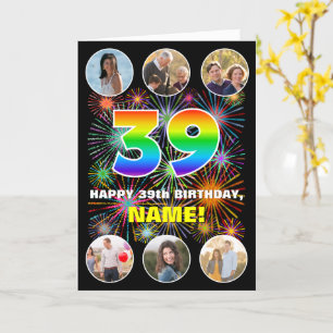 39th Birthday: Fun Rainbow #, Custom Name & Photos Card