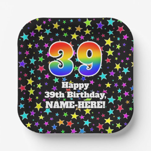 39th Birthday Fun Stars Pattern and Rainbow 39 Paper Plates