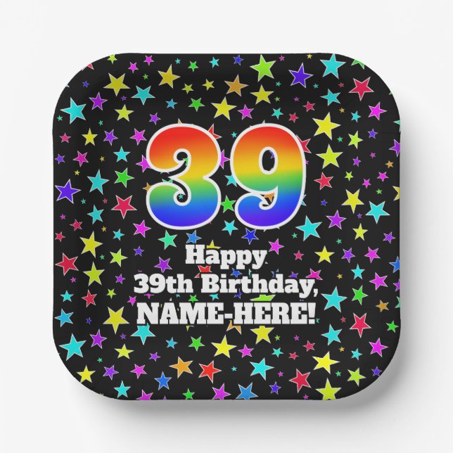 39th Birthday: Fun Stars Pattern and Rainbow “39” Paper Plates (Front)