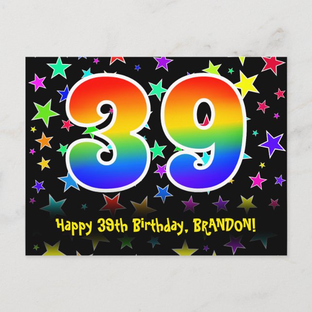 39th Birthday: Fun Stars Pattern, Rainbow 39, Name Postcard (Front)