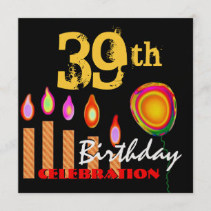 39th Birthday Gold Candles and Balloon Metallic Invitation