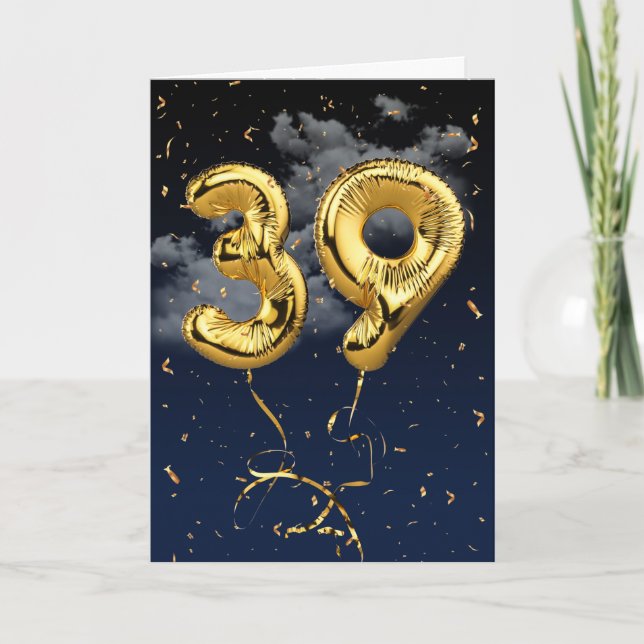 39th Birthday Gold Mylar Balloon and Confetti Card (Front)