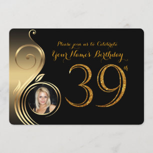 39th,Birthday Invitation,Number Glitter Gold,Photo Invitation