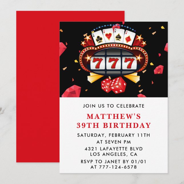 39th birthday invitations Casino theme Poker Red (Front/Back)