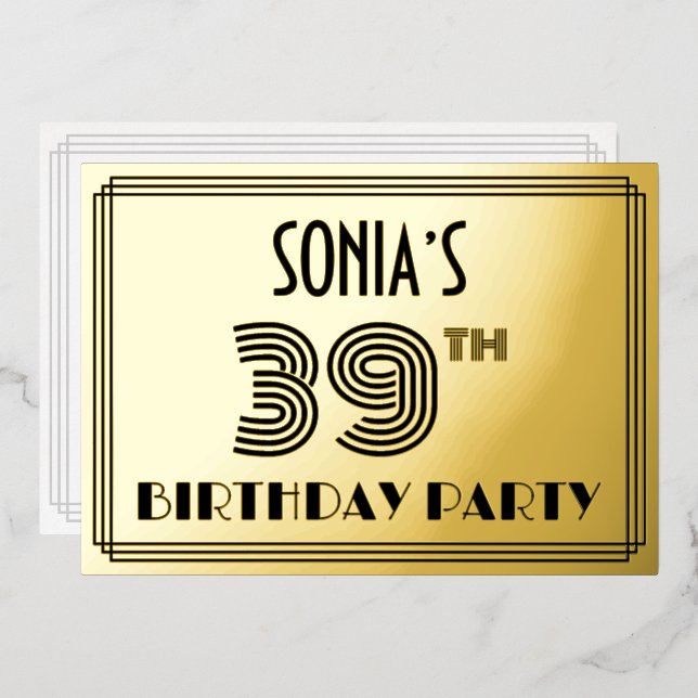 39th Birthday Party — Art Deco Style “39” & Name Foil Invitation (Front/Back)
