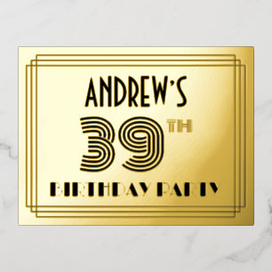 39th Birthday Party ~ Art Deco Style “39” + Name Foil Invitation Postcard