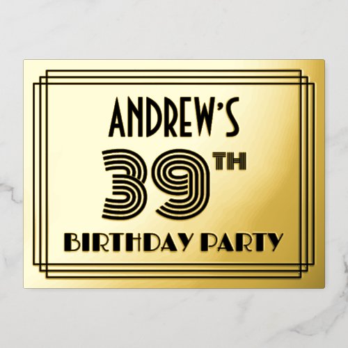 39th Birthday Party  Art Deco Style 39  Name Foil Invitation Postcard