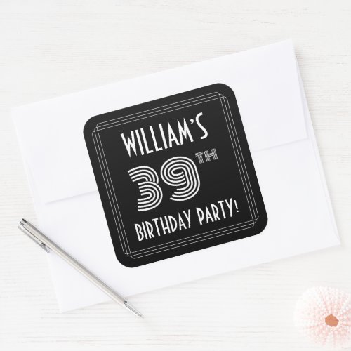 39th Birthday Party Art Deco Style  Custom Name Square Sticker