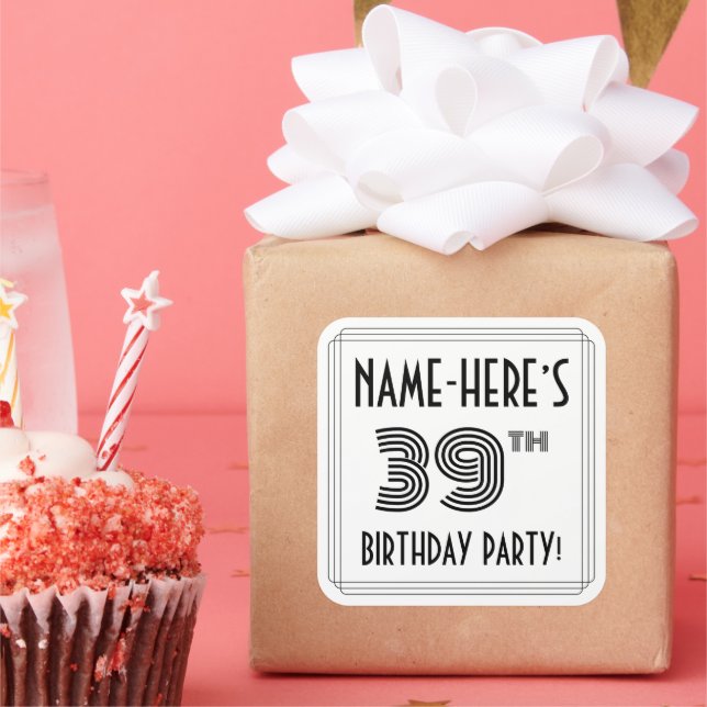 39th Birthday Party: Art Deco Style + Custom Name Square Sticker (Party)