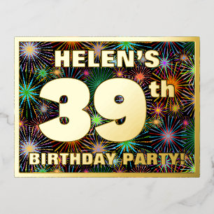 39th Birthday Party: Bold, Colorful Fireworks Look Foil Invitation Postcard