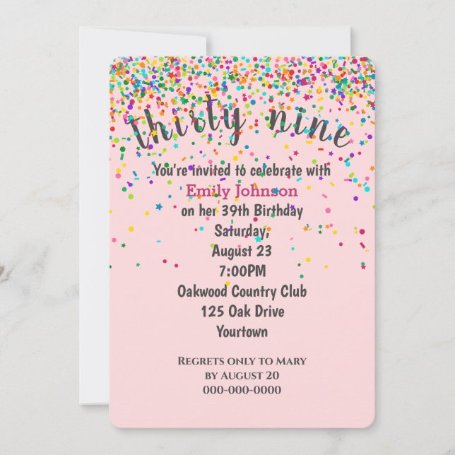 39th Birthday Party Confetti On Pink Invitation (Front)