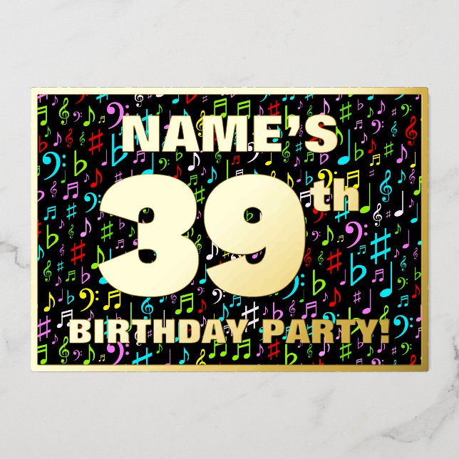 39th Birthday Party — Fun, Colorful Music Symbols Foil Invitation (Front)