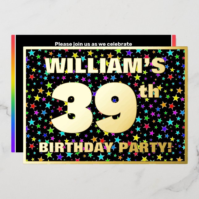 39th Birthday Party — Fun, Colorful Stars Pattern Foil Invitation (Front/Back)