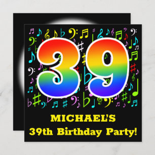 39th Birthday Party: Fun Music Symbols, Rainbow 39 Invitation