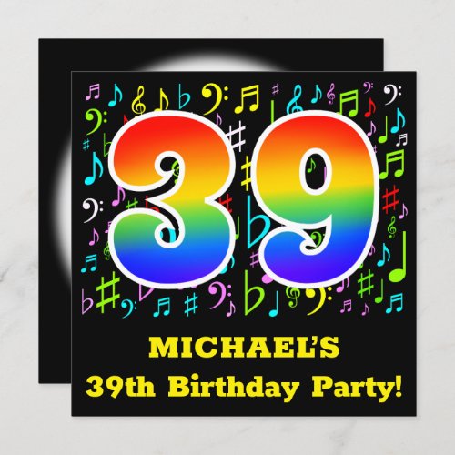 39th Birthday Party Fun Music Symbols Rainbow 39 Invitation