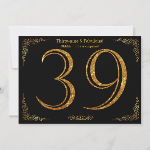 39th Birthday partyGatsby stylblack gold glitter Invitation