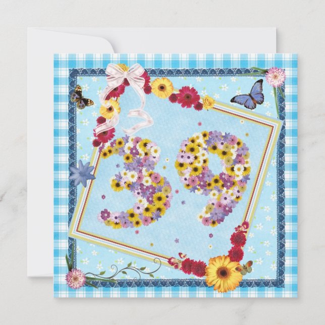 39th Birthday party Invitation flowers,butterflies (Front)