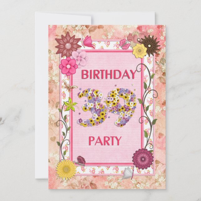 39th birthday party invitation with floral frame (Front)