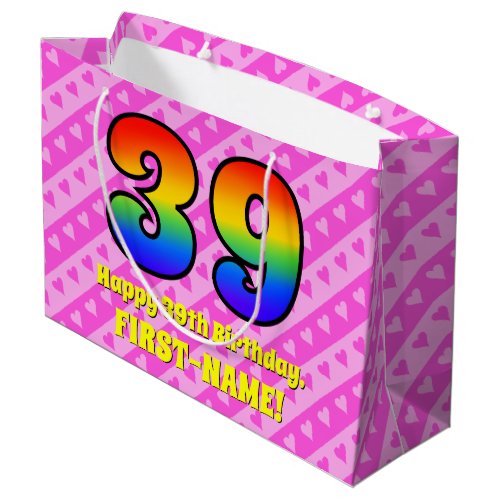 39th Birthday Pink Stripes  Hearts Rainbow  39 Large Gift Bag