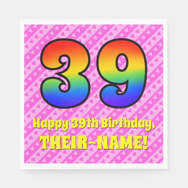 39th Birthday: Pink Stripes & Hearts, Rainbow # 39 Napkins (Front)