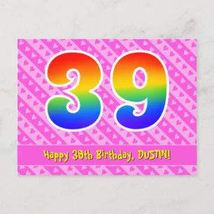 39th Birthday: Pink Stripes & Hearts, Rainbow 39 Postcard