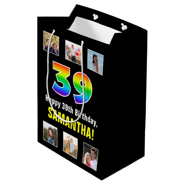 39th Birthday: Rainbow “39“, Custom Photos & Name Medium Gift Bag (Back Angled)